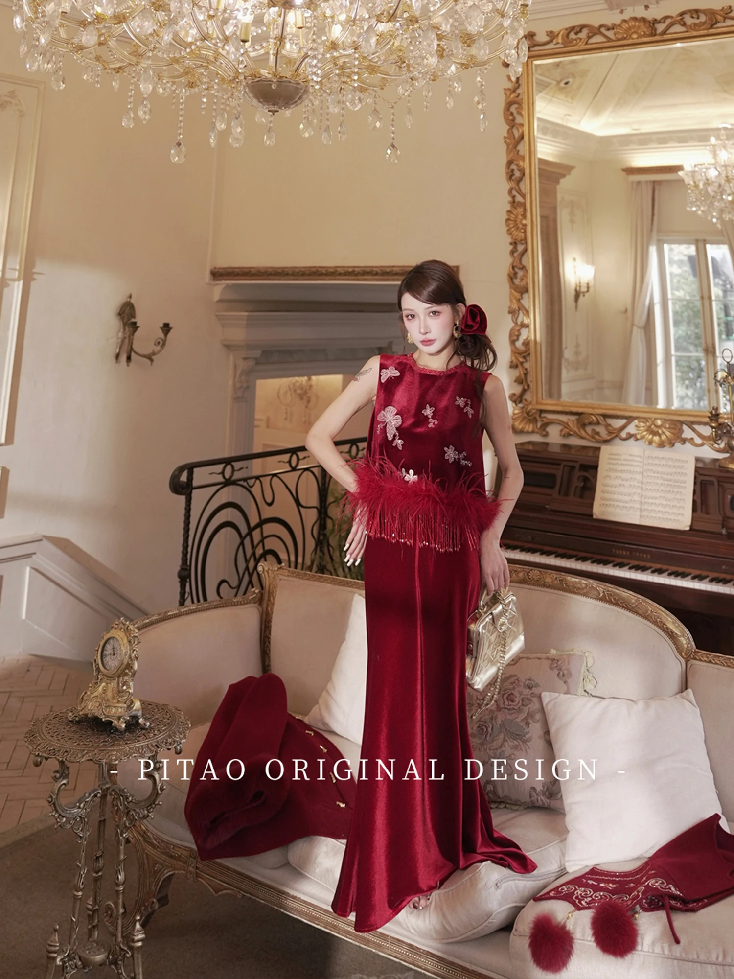 

Ele Velvet Embroidered Original Chinese Sle Set with Skirt And Jaet by Triy Pigeon New Sequence Faionable