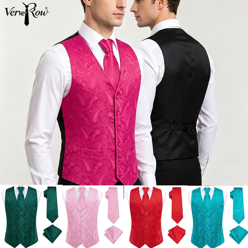 VerveRow Men Paisley Jacquard Waistcoat 3PCS Set Formal Suit Vest with Necktie and Pocket Square for Wedding Party