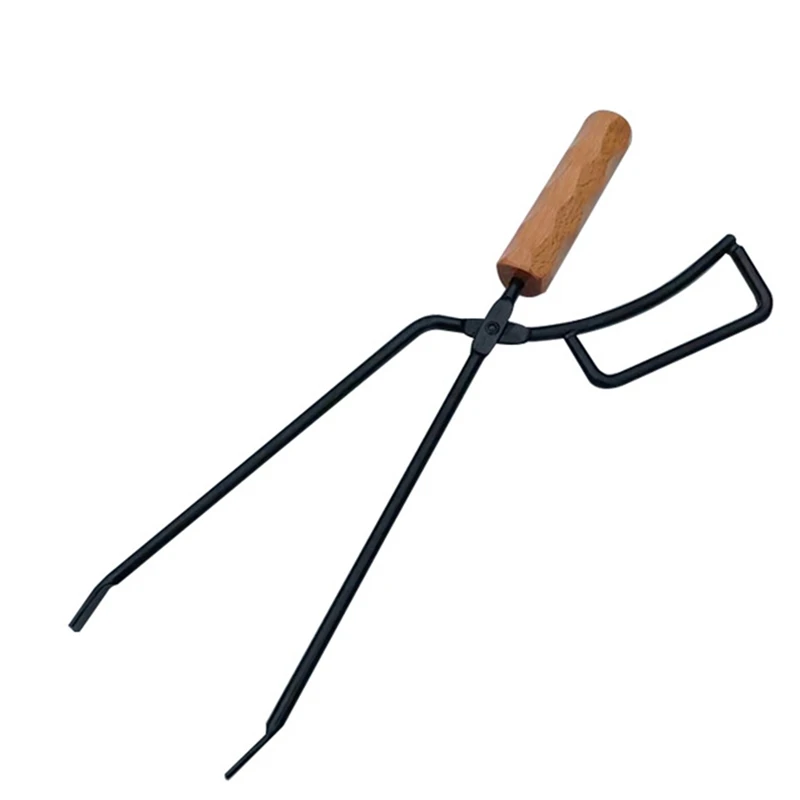 Barbecue Charcoal Clip Iron Wood Handle Anti-Scalding With Leather Cover Outdoor Camping BBQ Bonfire Stove Fireplace