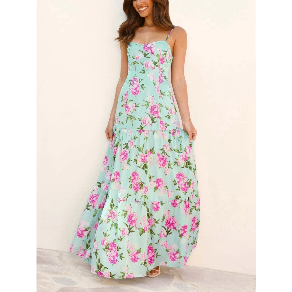 女性の夏のフラワープリント自由奔放に生きるスタイルマキシドレスファッションスパゲッティストラップ背中の開いたドレススリムフィットバックカットアウトドレス