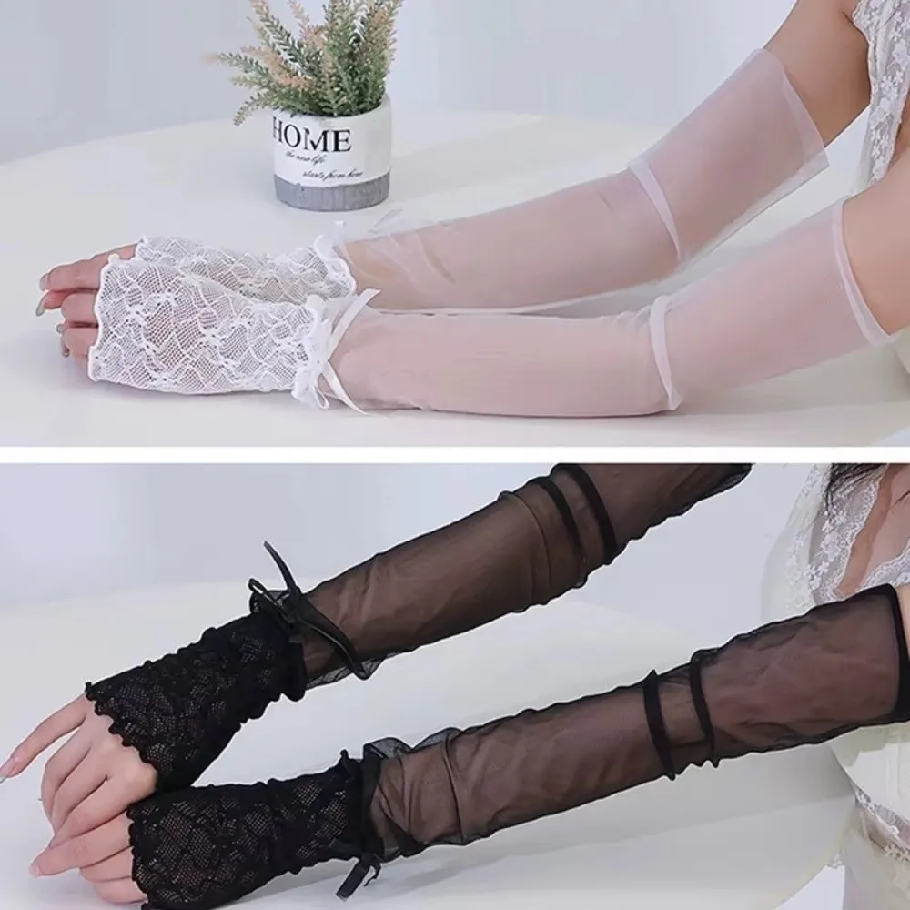 Y2K Lace Ruffle Mesh Gloves Sheer Bowknot Fingerless Gloves Sun Protection Tulle Lolita Gloves