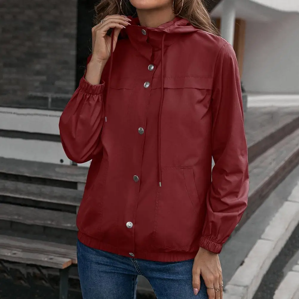 

Women Outdoor Coat Versatile Women's Outdoor Jacket Windproof Rainproof Hooded Zip-up with Elastic Cuffs Hem Solid for Fall