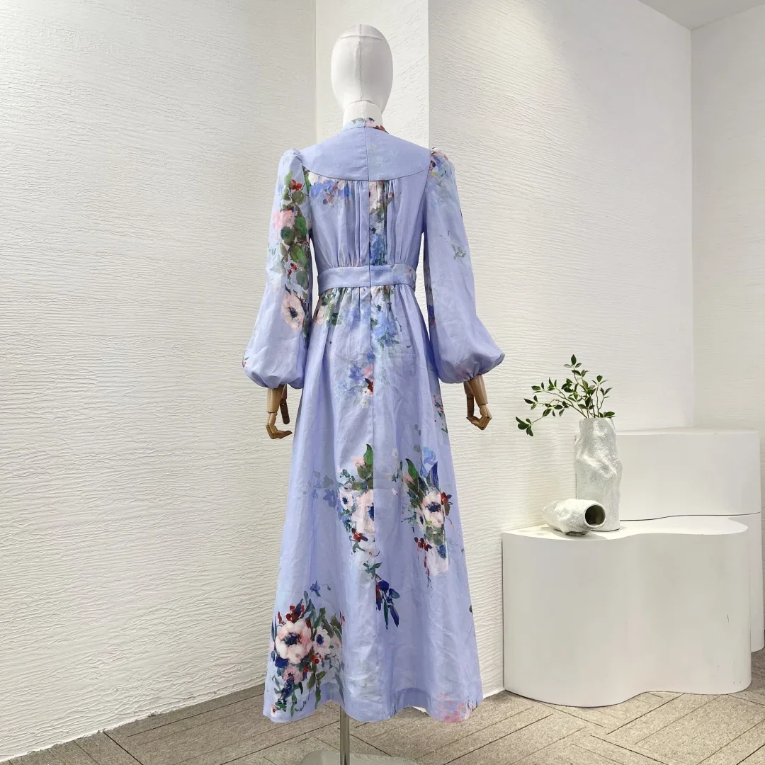 2025 New Fashion Blue Floral Print Long Sleeve Empire Midi Dress