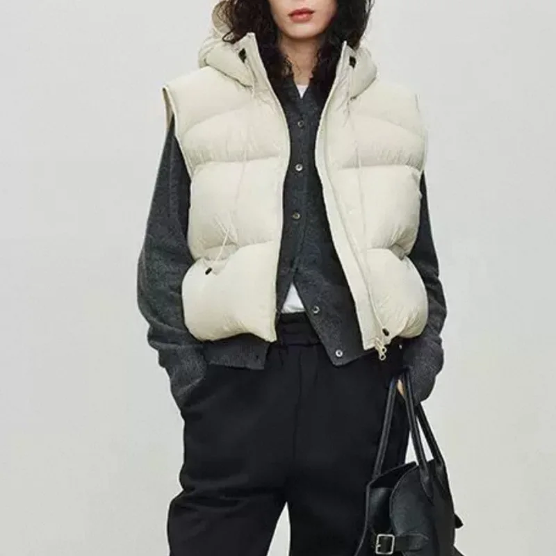 Women White Duck Down Vest Winter Hooded Sleeveless Puffer Jacket Fashionable Duck Feather Waistcoat Man Outerwear JK-141