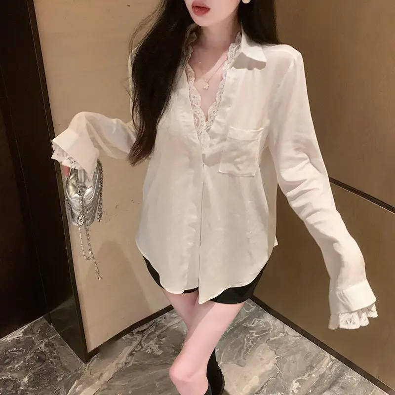

Fake Two White Cotton and Linen Shirts Women's High-end Sense Unique and Beautiful Top Mid Length Lace Sun Protection Shirt