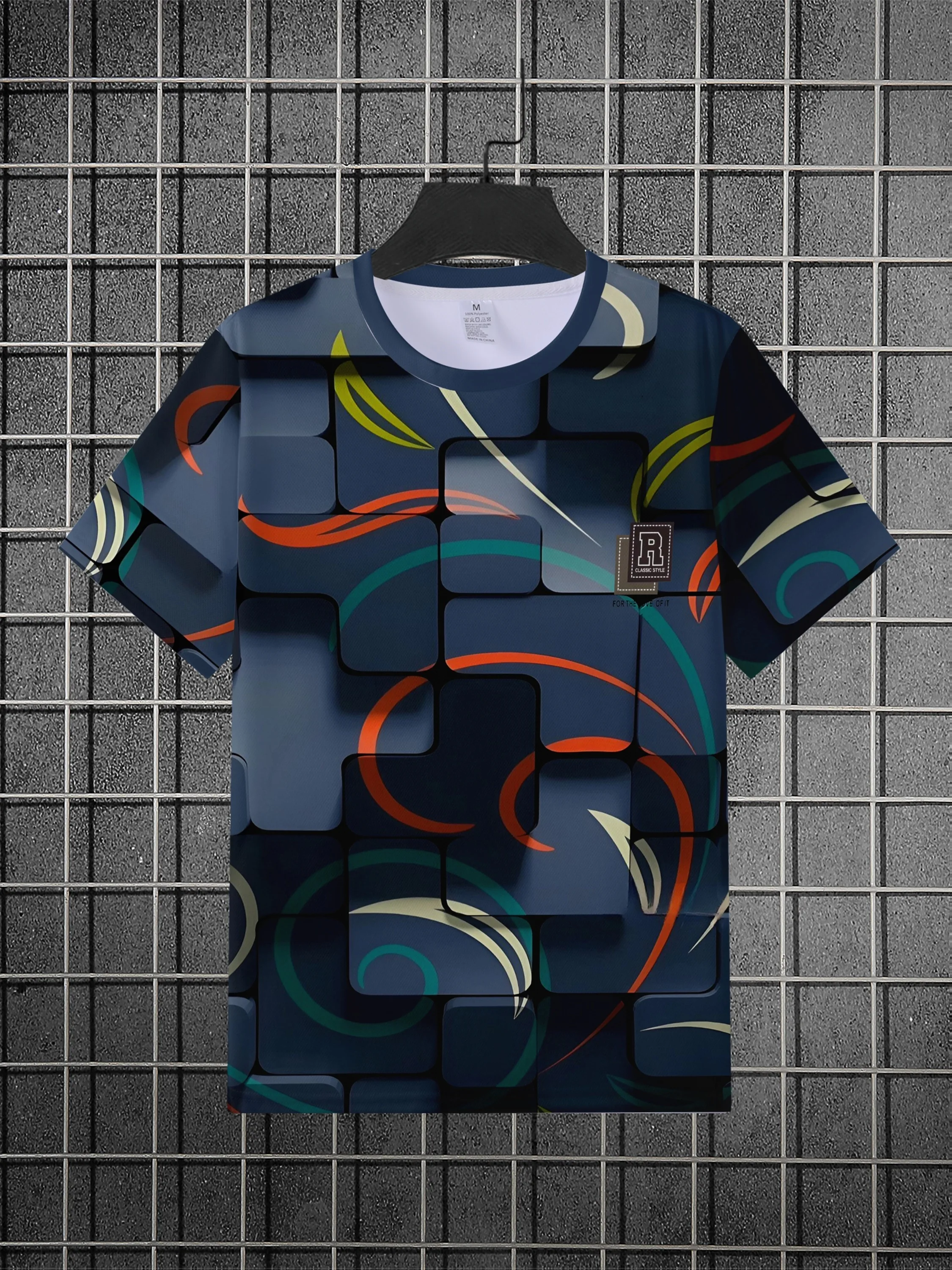 Men Colorful Curve Line Square Block Print Dark Blue Crew Neck Short Sleeve T-shirt