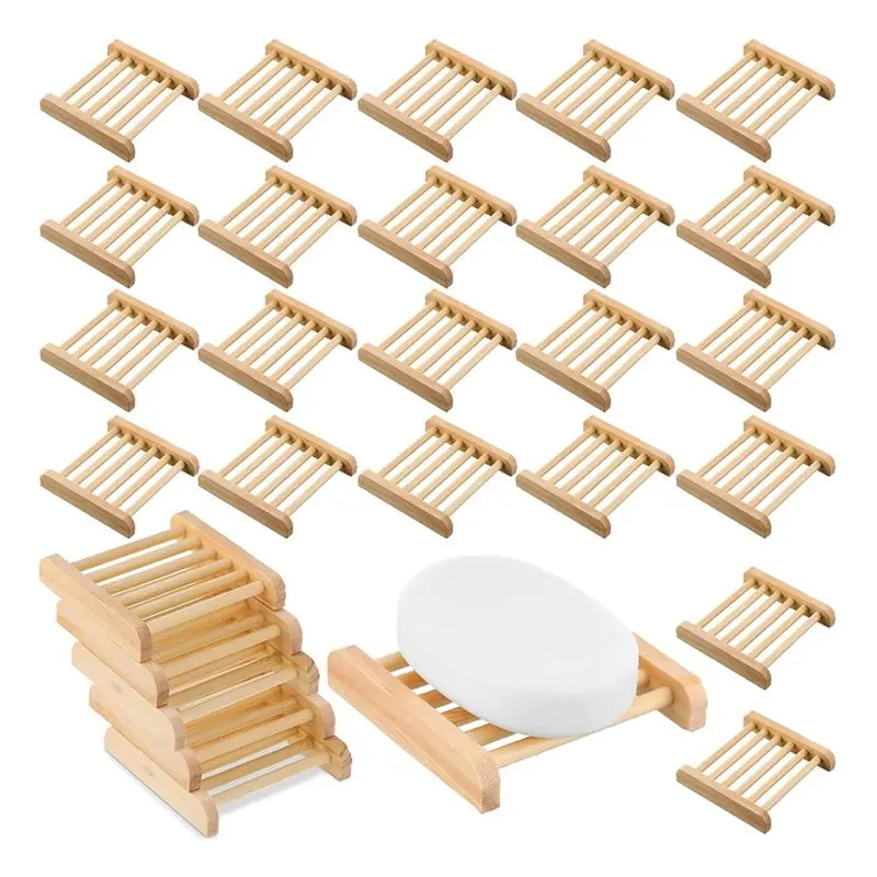 [NEW!A47U】 Handmade Bamboo Wood Soap Dish Set 50 Pcs Bulk Bathroom Wooden Holder Saver Self Draining Dishes Craft Tray