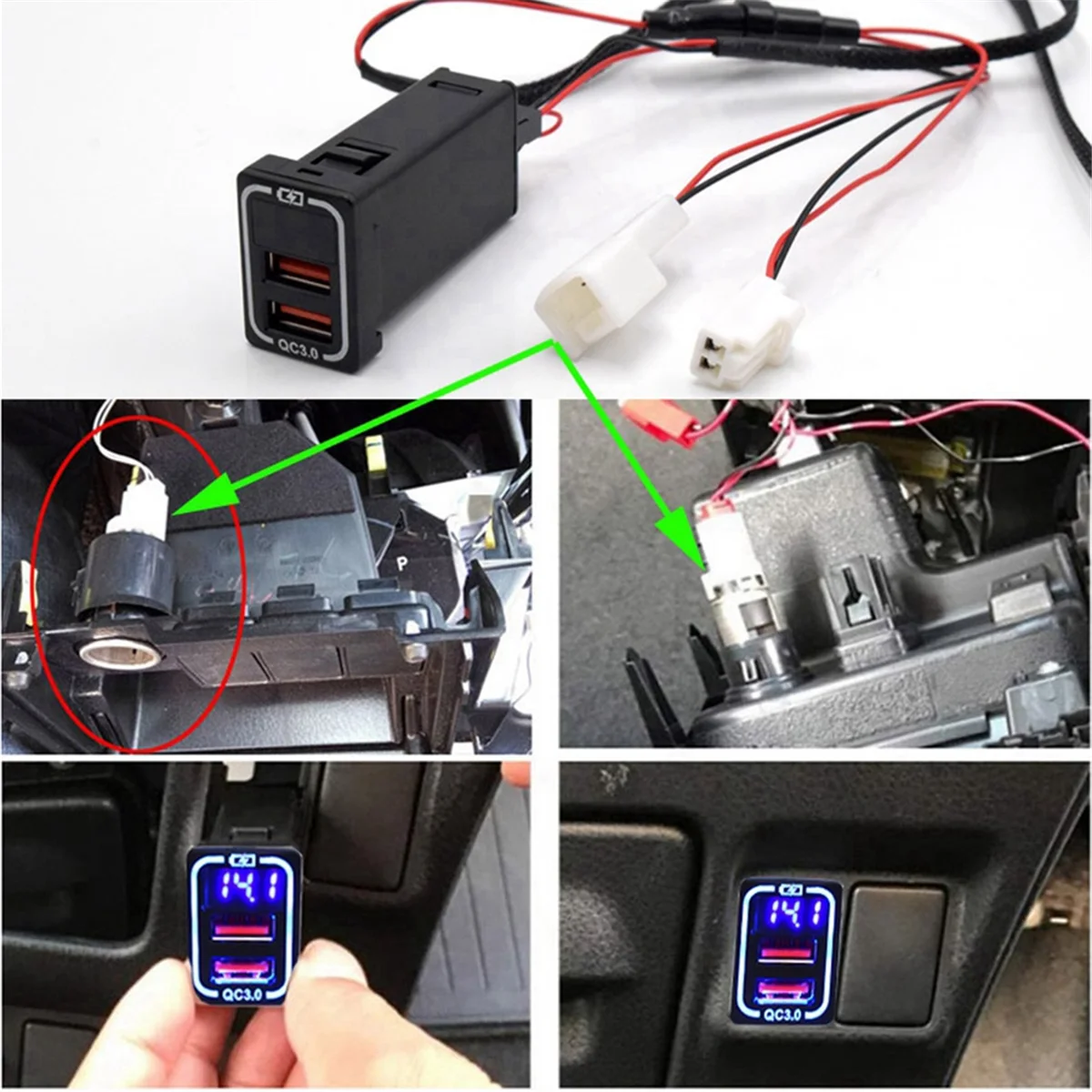 QC3.0 Car USB Port Fast Charger for TOYOTA Camry Land Cruiser 200 RAV4 Corolla Adapter LED Voltmeter Green