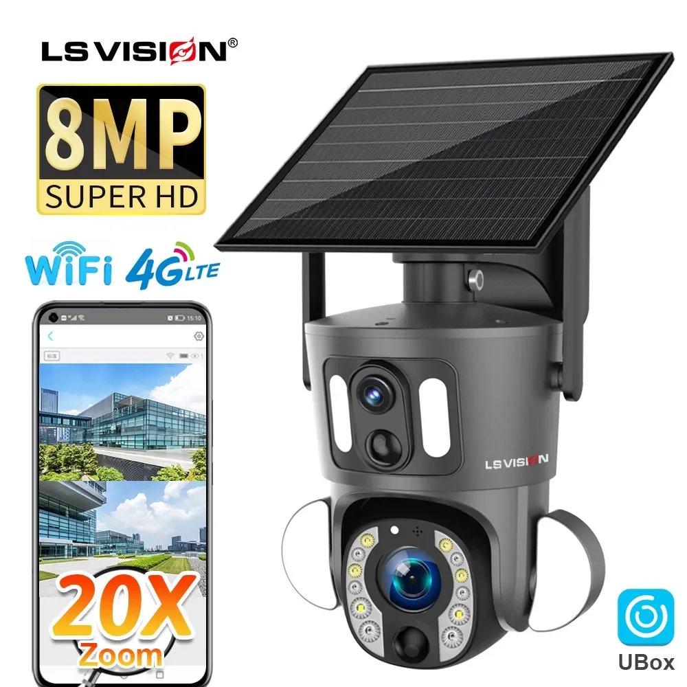 LS VISION 8MP 20X Zoom optyczny Podwójny ekran 4G Sim Kamera słoneczna 4K WiFi PTZ Podwójne wykrywanie PIR Humanoidalna automatyczna kamera śledząca