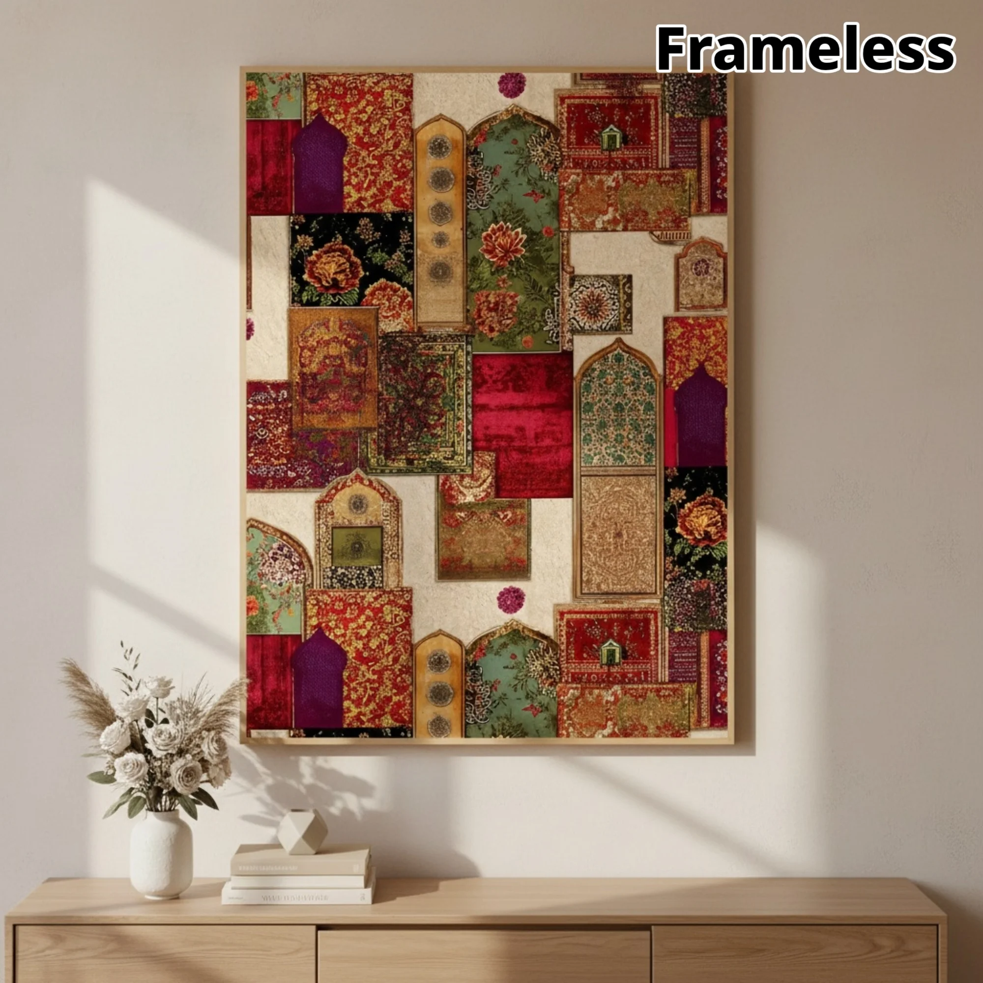 Persian Rug Art, Bohemian Vintage Oriental Carpet Collage Frameless Canvas Painting, Suitable for Living Room, Bedroom, Kitchen