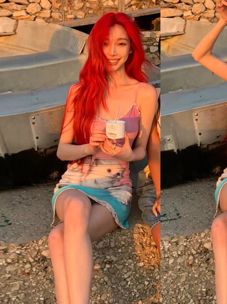 WEIRD PUSS Ele Print Color Blo Strap Dr Women's Faionable Bodycon Skirt Polyester Fiber No Sve Crew Ne