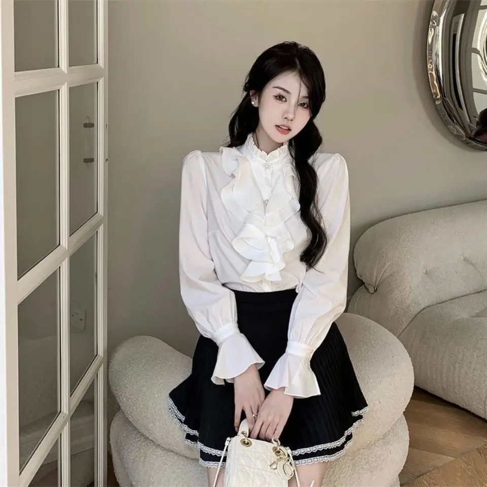 Women Blouse High Street Tops Korean Fashion Vintage Stand Collar Loose Long Sleeve Blouses Shirts Blusas Mujer White Shirt E139