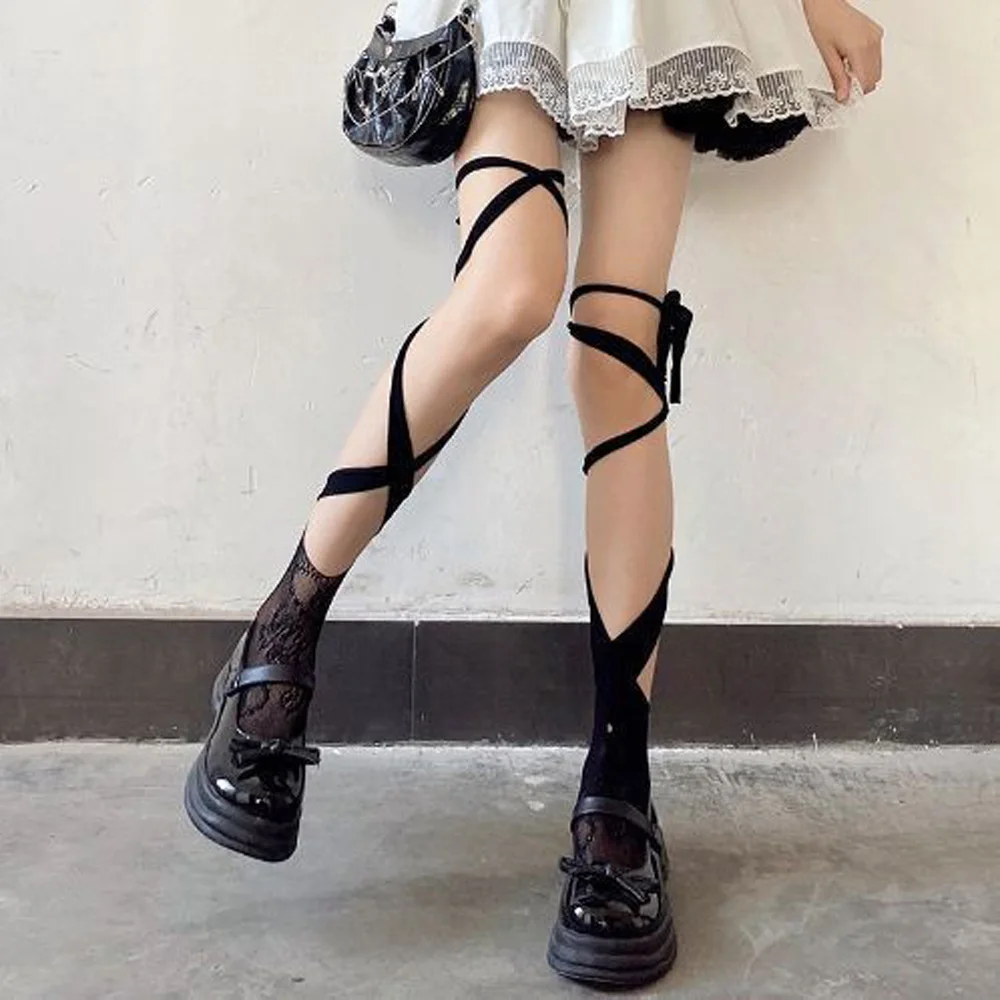 Harajuku Middle Tube Split Toe Socks Calf Sock Female Summer Black White Cross Straps Tube JK Lolita Skirt College Socks