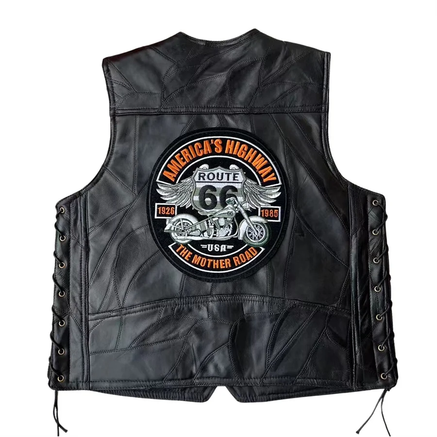 Colete de couro bordado masculino motocicleta, jaqueta sem mangas punk, streetwear preto, colete motociclista, roupas masculinas, tamanho grande