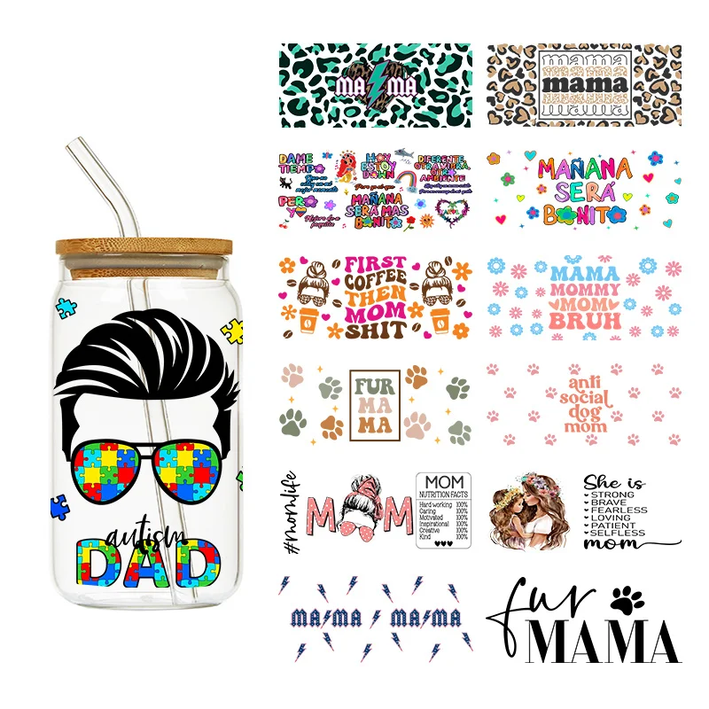 

LETOP 1PCS MAMA MOM MANANA DAD Decals Libbey Glass Can Cool Design Sticker For UV DTF Cup Wrap Transfers 16 OZ