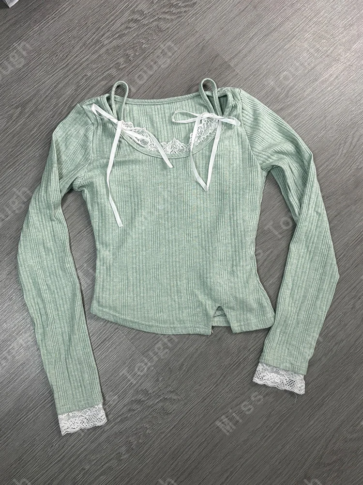 2024 Sweet Pure Style Green Base Tops Women Autumn Winter Lace Two Piece Clothes Sweet Spice Girl Bow Casual Cropped T-shirt New