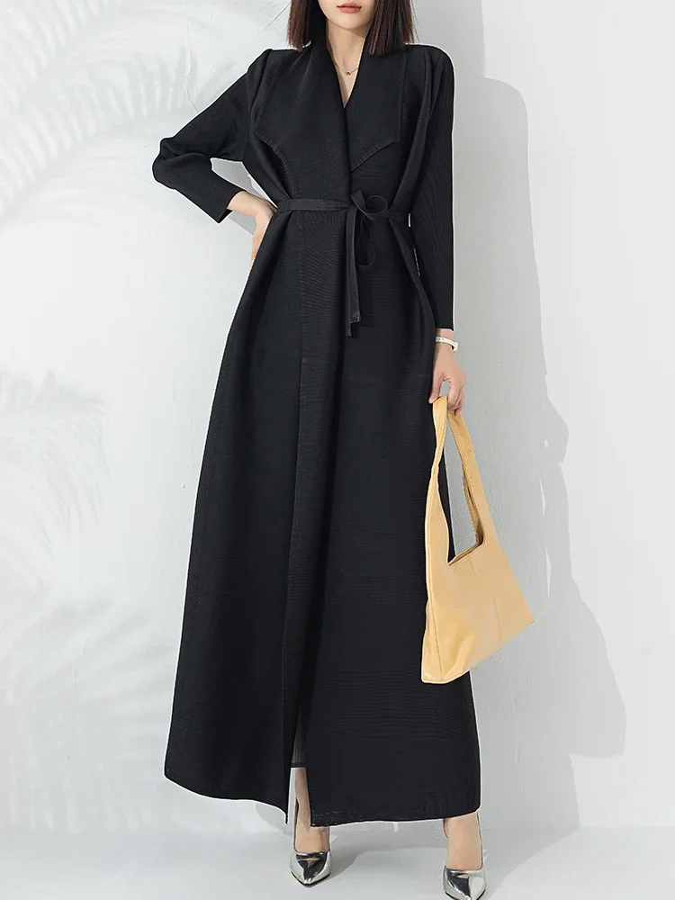 2024 Summer New Temperament Fashion Long Trench Coat Long Sleeve Lapel Waist Strap Elastic Outer Robe