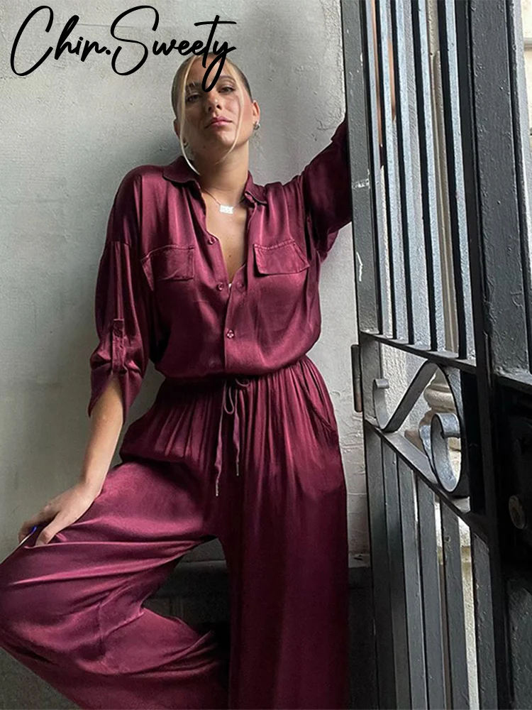 

Праздничные однотонные женские рубашки, брюки, костюм, свободный костюм с длинными рукавами и отложным воротником, топ с искусственными карманами, широкие брюки, 2024, летний женский комплект