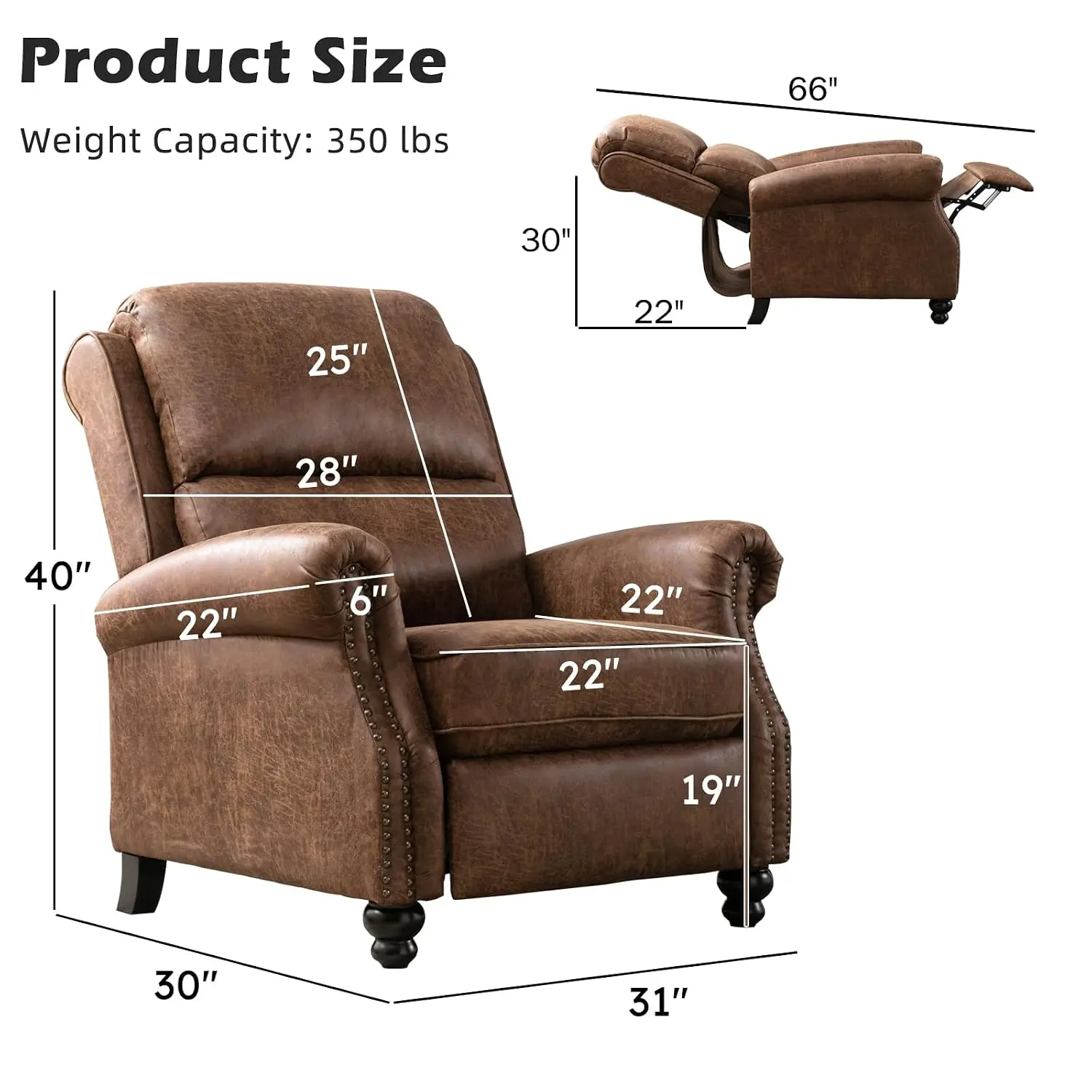 Push Back Recliner Chair Faux Leather Lounge Armchair with Rivet Decoration Wingback Single Sofa Chair with Padded, Customized