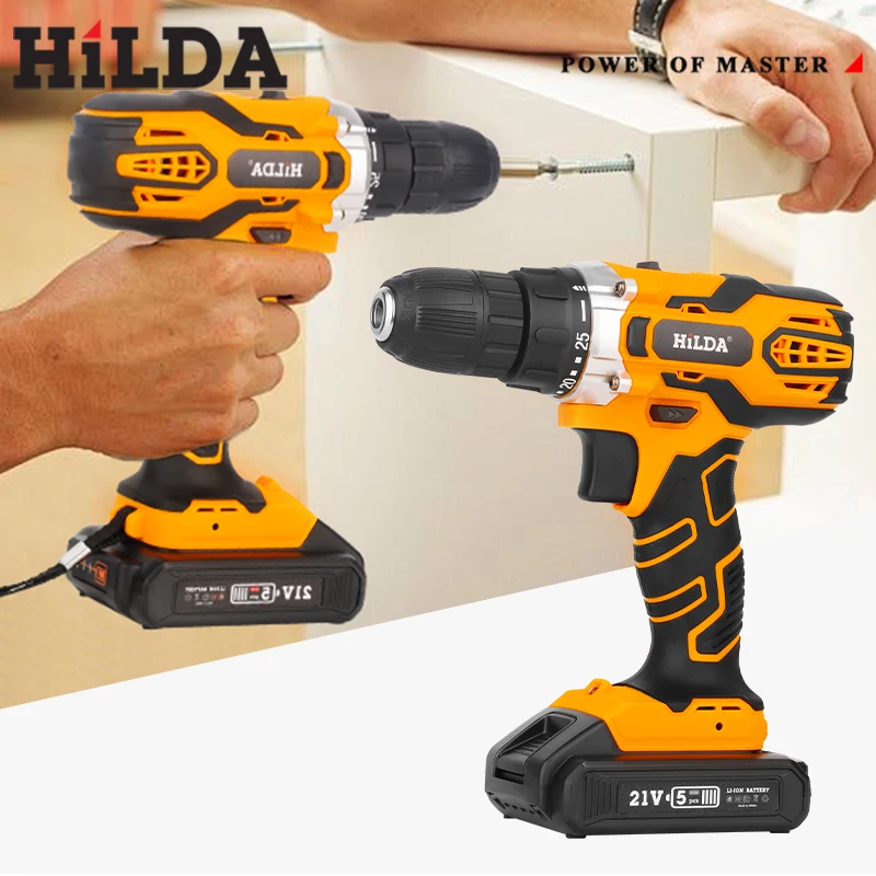 Hilda 21v furadeira sem fio com bateria 25 + 1 torque furadeiras elétricas sem chave 3/8 "destornillador de furadeira sem fio
