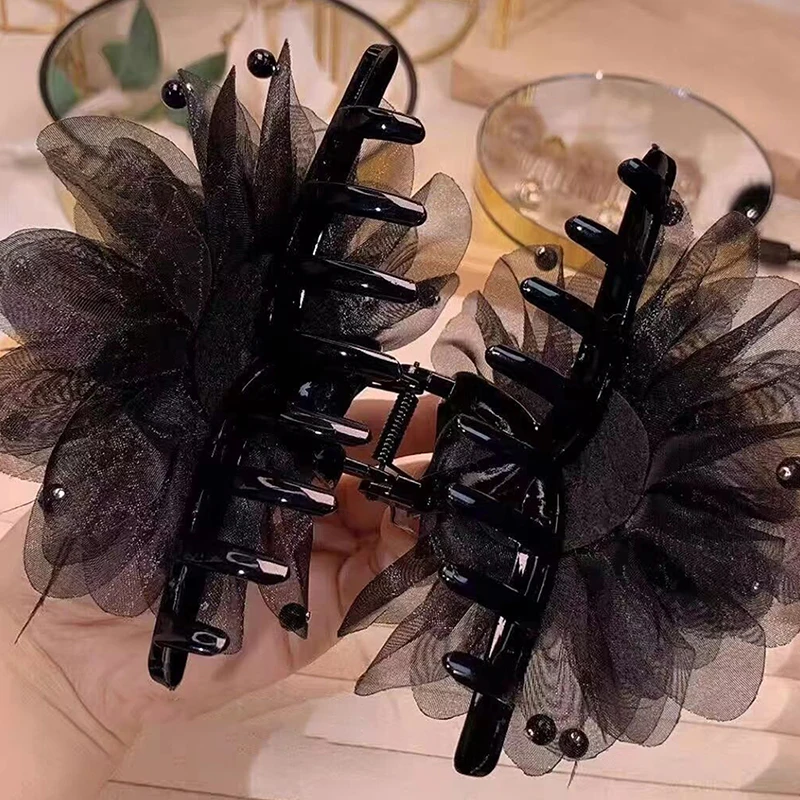 Feather Grip Clip High Value Light Luxury Hair Accessories Organza Pearl Temperament Back Of The Head Plate Hair Shark Clip