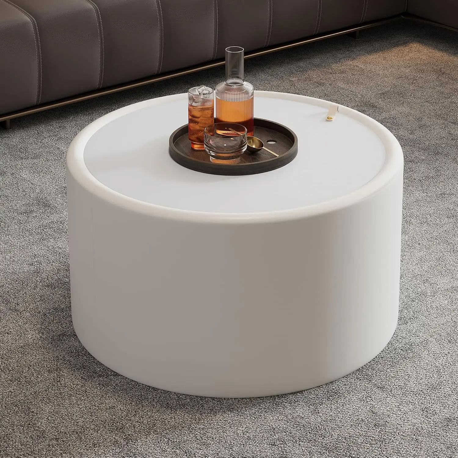 Round Coffee Table with Hidden Storage, 27.56" Glass Top & PU Leather Body, Tea Table for Living Room, No Assemble, Customized