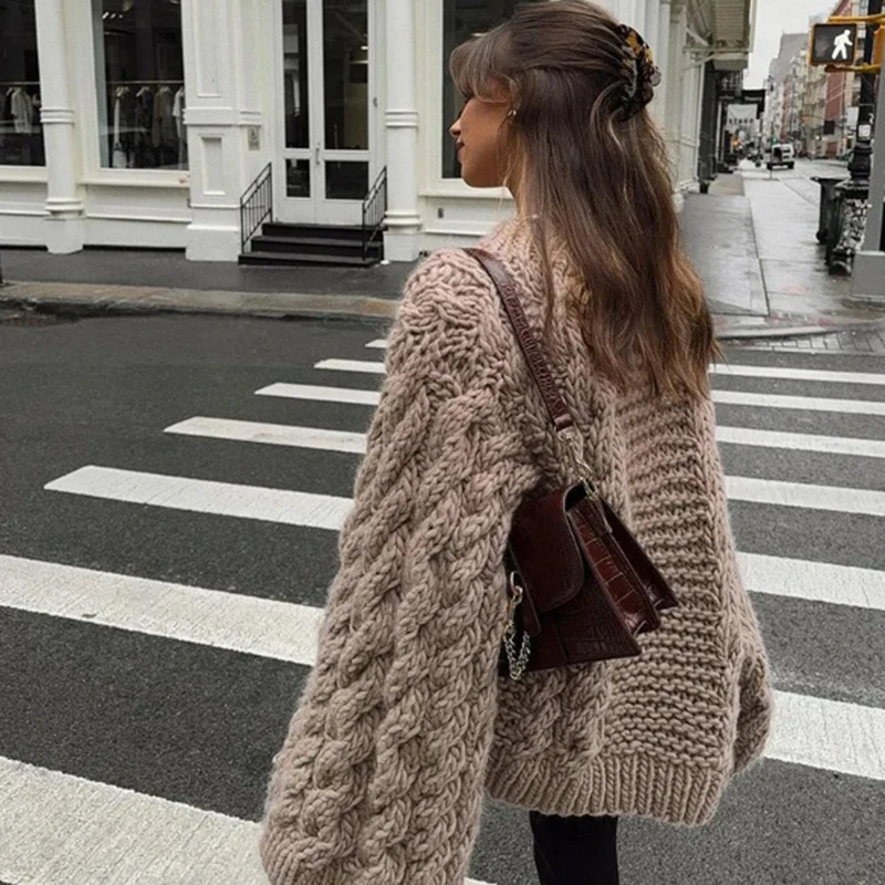 Oversize Knit Pullover Women Casual Lazy Round Neck Kink Solid Sweater Female Autumn Winter Loose Sleeves Knitwear Lady