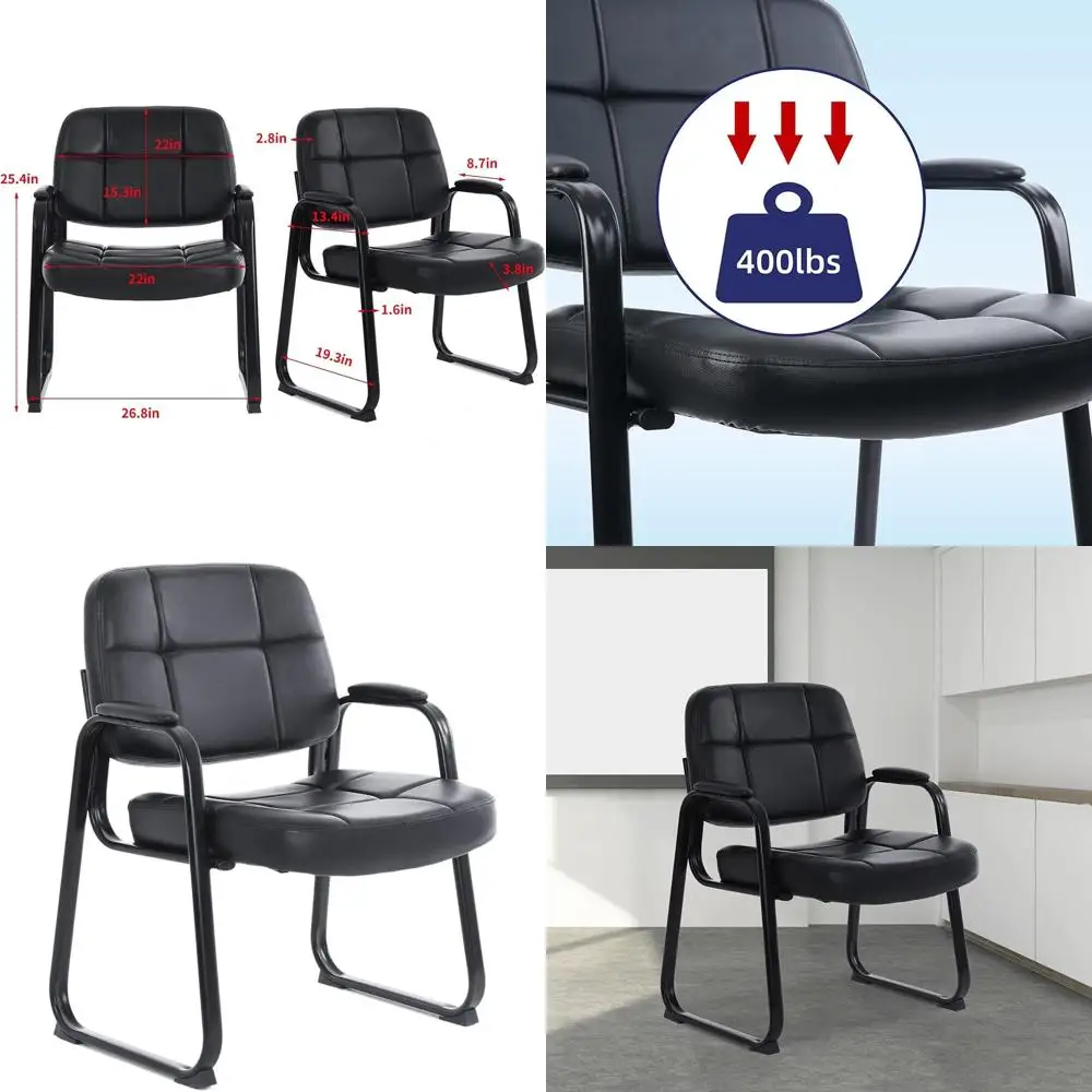 

Executive Bonded Leather Side Chair with Padded Arms, Modern Sled Base, Solid Metal Frame for Office Reception and Conference Ro