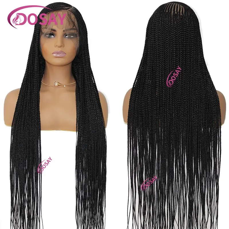 Peluca trenzada frontal de encaje completo para mujeres negras, peluca sintética con caja de giro, parte lateral, peluca frontal de encaje trenzado de mariposa, trenzas de 36 pulgadas