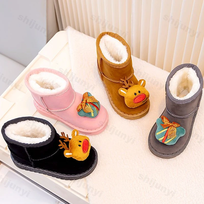 2025 Fashion Children Christmas Elk Cotton Snow Boots Girls Boys Warm Casual Shoes Kids Ankle Boots Winter Non-slip Cotton Shoes