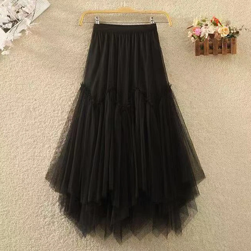 ไม่สม่ําเสมอจีบตาข่าย Tulle กระโปรงผู้หญิงฤดูใบไม้ผลิฤดูร้อนแฟชั่นสีทึบเอว A-Line ทํางานปาร์ตี้เต้นรํา Midi กระโปรงยาว