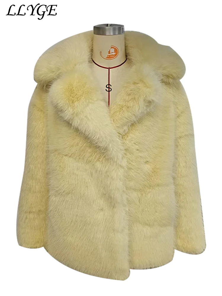 Elegant Faux Fur Coat Women Loose Fluffy Lapel Long Sleeve Female Furry Overcoat 2024 Winter Lady Thicken Yellow Street Outwear