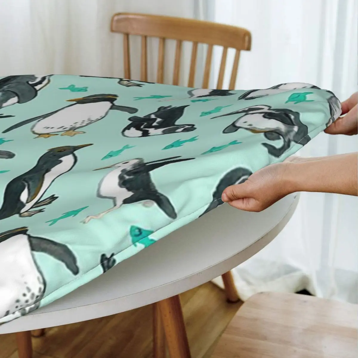 Lots Of Little Penguins On Mint Waterproof Round Tablecloth Oilproof Table Cloth for Kitchen Events Dining Table Cover