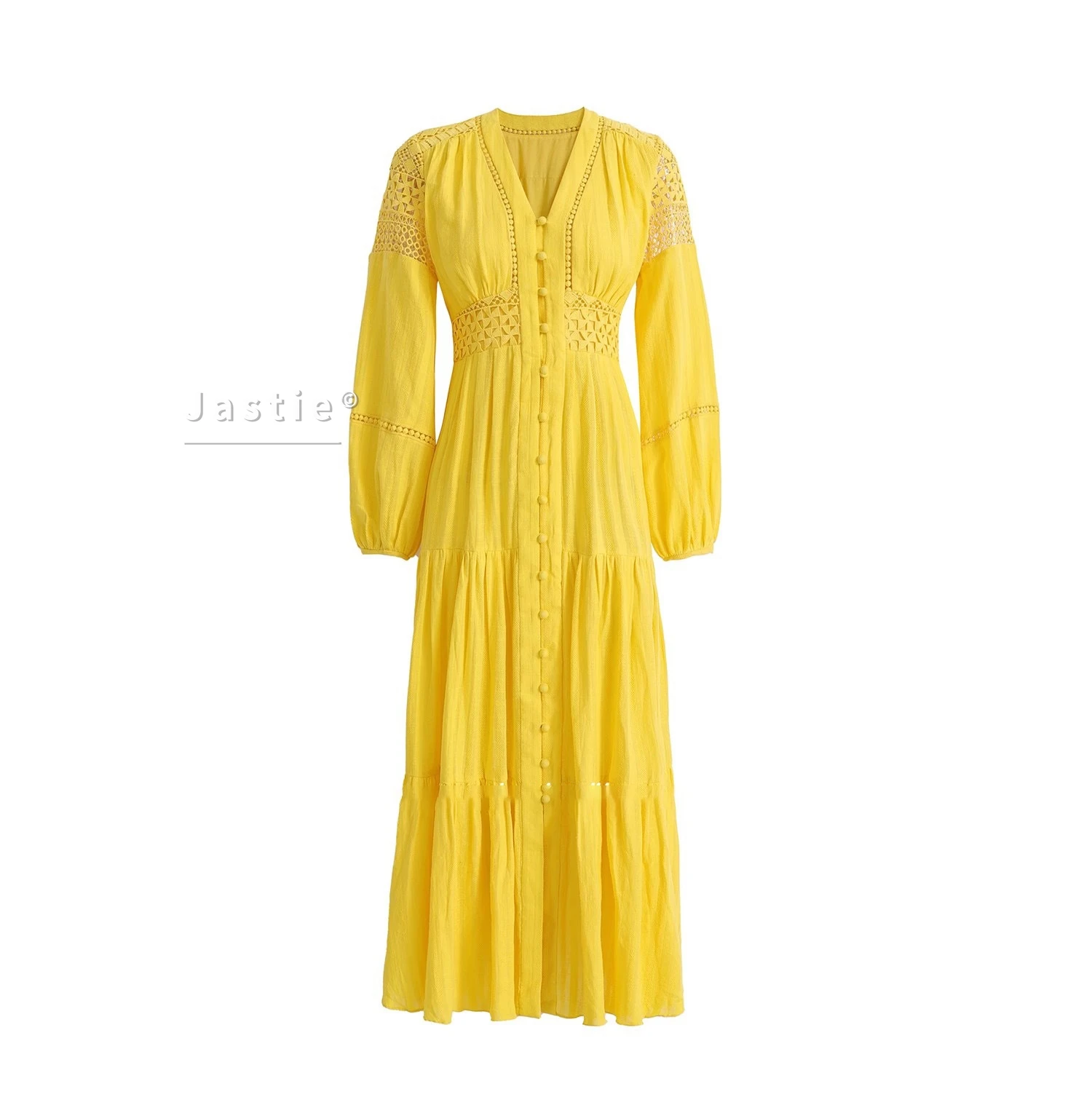 Jastie Embroidered Women Maxi Dress V-Neck Long Sleeve Casual Spring Summer Dresses Hollow Waist Boho Beach Vestidos