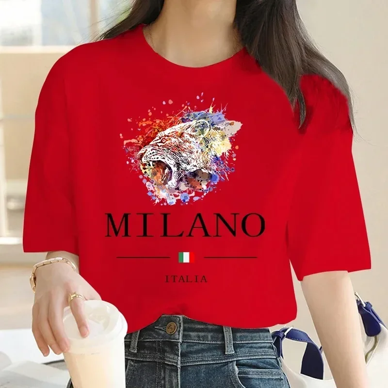 Y2k Short Sleeves T-shirt MILANO Leopard Women's Round Neck Cotton T-Shirts Carnival Christmas Holiday Luxury Brand TShirt Top