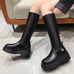 Kobiety Wysokie buty Moda Kobieta Okrągły palec Zamek błyskawiczny PU Skórzane buty do kolan Kobiety Chunky Platforma Długie buty Solid Retro Botas