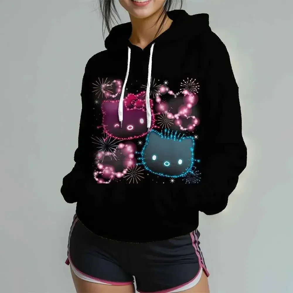 Bluza damska z kapturem Hello Kitty, wzór serca na całej powierzchni, wiosna-jesień, moda Harajuku, słodka, retro, graficzna, luźna bluza wkładana przez głowę.