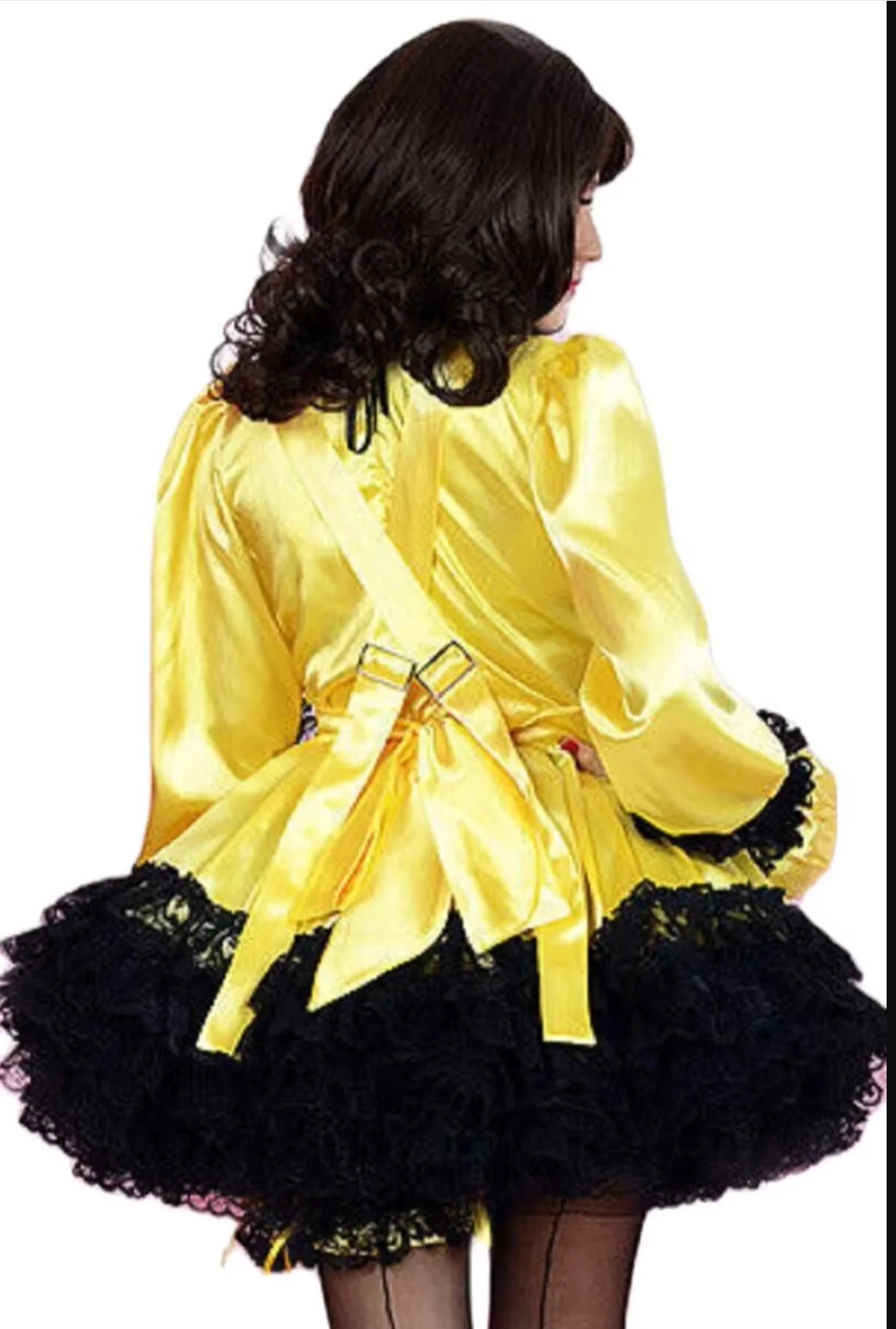 Bright Yellow Satin Black Lace Patchwork Independent Apron With Long Sleeves Middle Neck Multiple Layers Of Fluffy Cross Straps