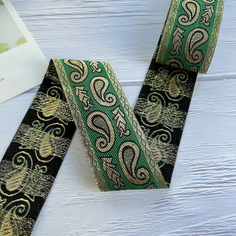 Cinta Jacquard tejida de estilo étnico, accesorios de ropa, flores verdes clásicas, ancho de 5 CM, LS-2189, 10 yardas/lote
