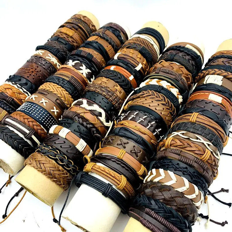 10/20/30/50/100PCs Leather Cuff Bracelets Handmade Retro Bangle Wristbands Black/Brown Fashion Jewelry Party Gift Wholesale Lot