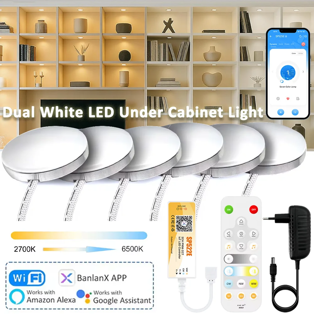 BT Wifi DC12V Round Dual White LED Under Cabinet Light Kit CCT Dimming Exhibition Cabinet Lamp Voice/App Control FR Alexa Google
