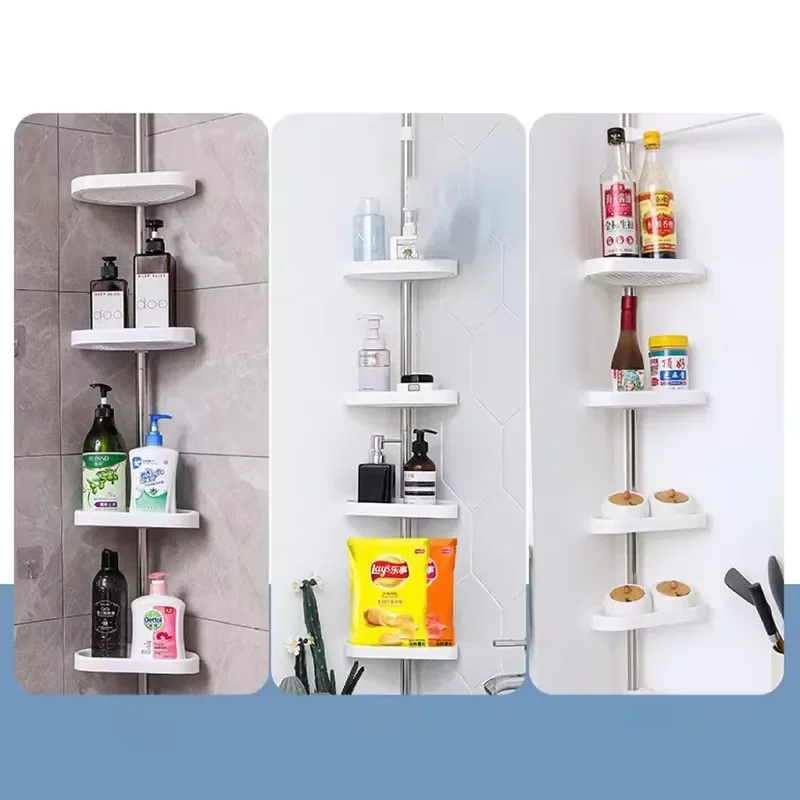 Bathroom Corner Shower Tension Pole Rust Proof Telescopic Rod 4 Tier Storage Rack Shower Organizer Stainless Steel Decor
