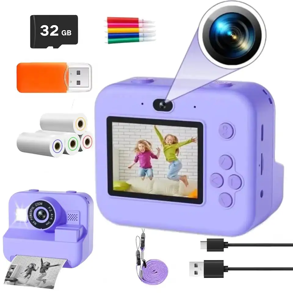 1080P Children Mini Digital Video Camera for Kids Learning Development Educational Thermal Instant Print Camera with 32G Card
