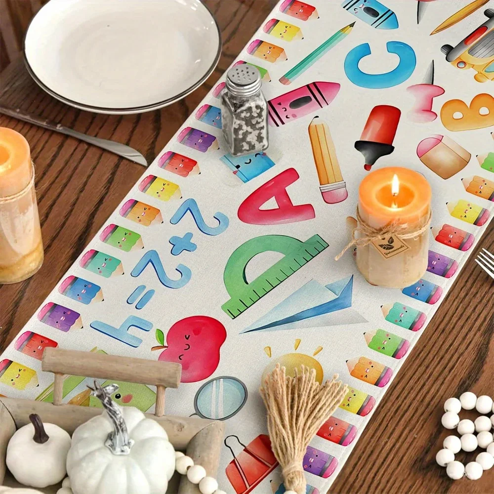 1 Piece Back-To-School Theme Table Runner with Interesting Stationery Pattern, Suitable for Classroom Decoration, School Theme P