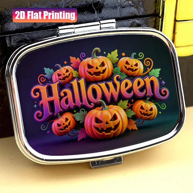 1Pc Flat Printing Mini 2-Compartment Portable Pill Box, Earring Storage Box, Pumpkin Halloween Pattern, Travel Pill and Tablet Case, Suitable for Various Occasions, Exquisite and Convenient, Ideal Small Gift