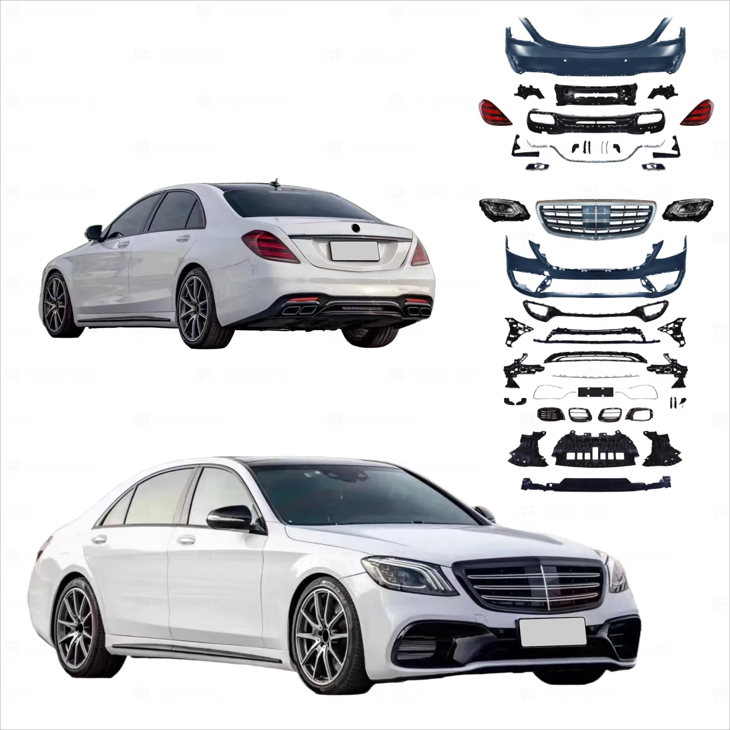 

Auto Body System for Benz W222 2014-2020 Modified to S63/S65 AMG Style Bumper Grille and Rear Diffuser Tail Throat LED Lamps