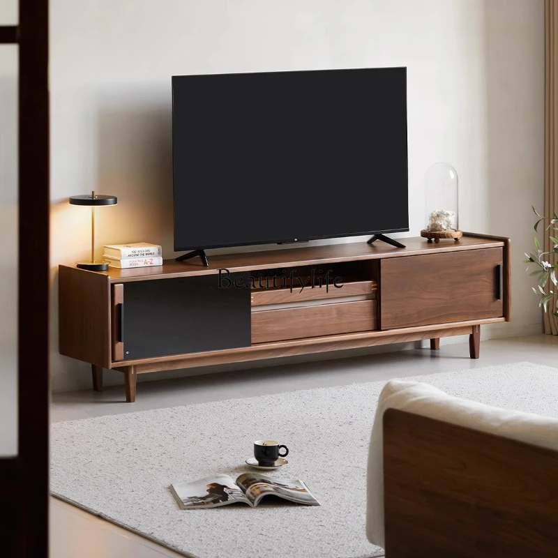 

Nordic all-solid wood TV cabinet, living room coffee table combination, black walnut multi-functional storage floor cabinet