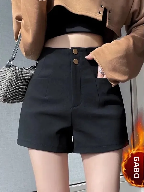

plus Size Women's Black Fleece Lined High Waist A-Line Suit Shorts Boot Cut Pants Straight Leg Korean Style Commute Fashion