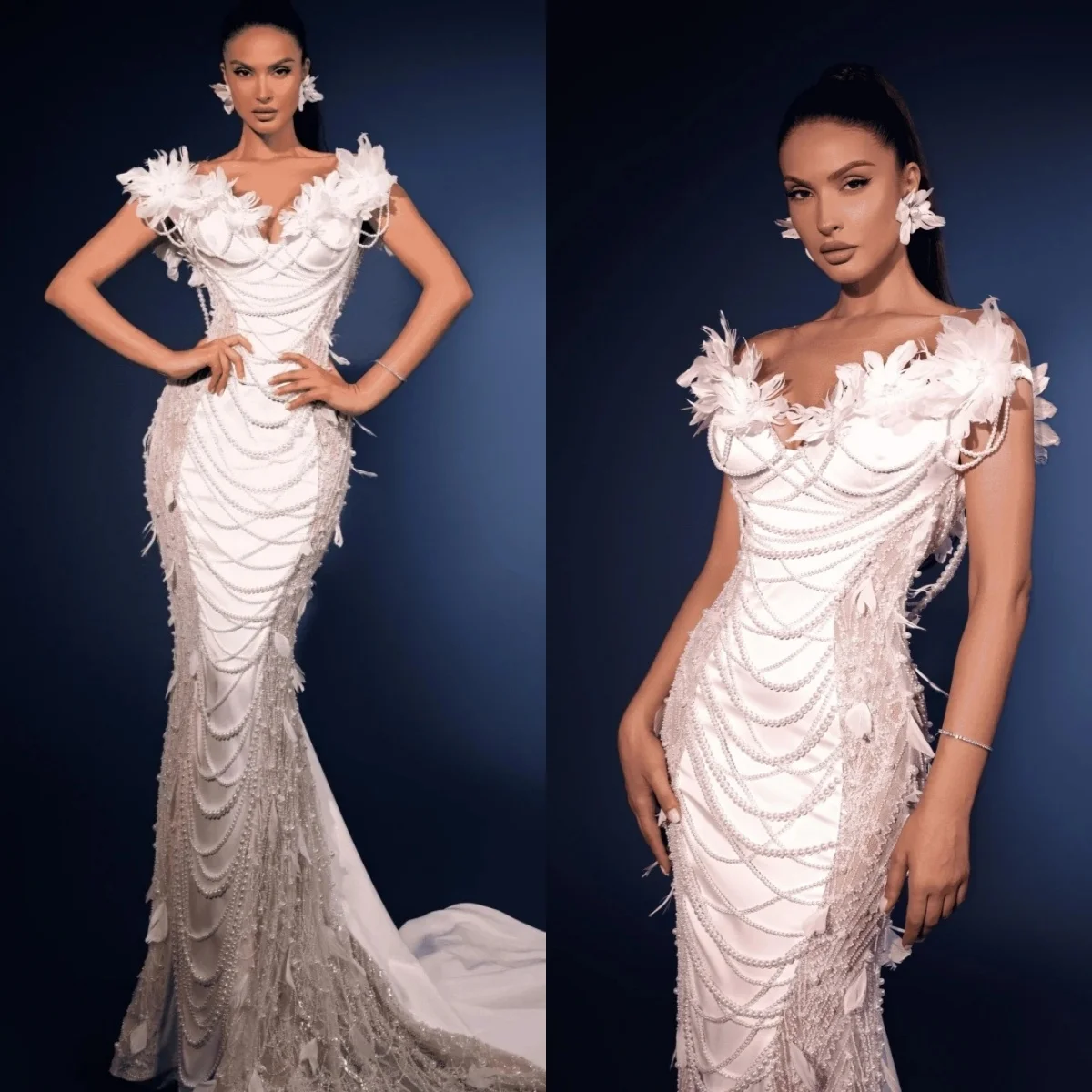 Simple Feather Mermaid Wedding Dress Pearls Bridal Gowns Off Shoulder Bride Dresses Sequins Beading Customized Vestido de novia