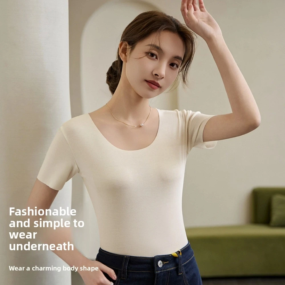 

Breathable U Round Neck Women Thin T-shirts Solid Color Korean Style Female Crop Tops Non Trace Streetwear Base Shirt Travel